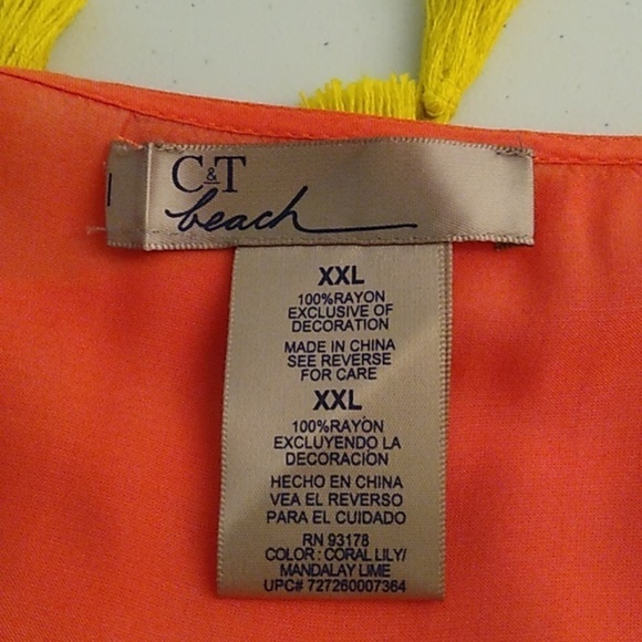 C&T BEACH CORAL WITH YELLOW TASSELS BEACH COVER UP KAFTAN SUMMER WEAR - Picture 5 of 5